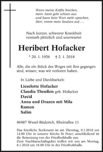 Traueranzeigen Von Heribert Hofacker Trauer In NRW De