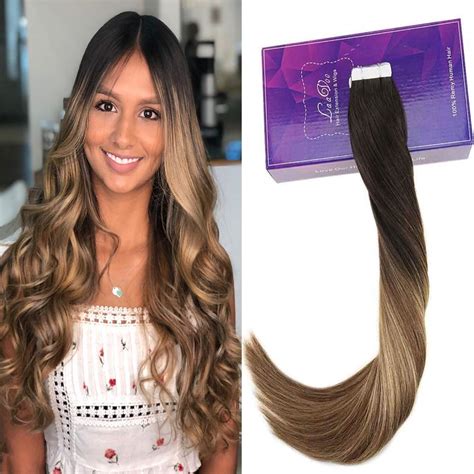 Laavoo 14 20pcs50g Tape In Extensions Balayage Ombre Color Darkest Brown To Medium