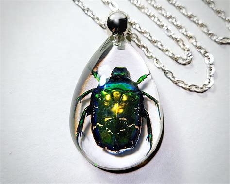 Green Beetle Necklace, Real Insect Jewelry - Insects In Resin