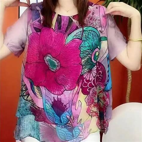 Casual Summer Thin Floral Printed Spliced T Shirt Fashion Short Sleeve Loose Vintage Female