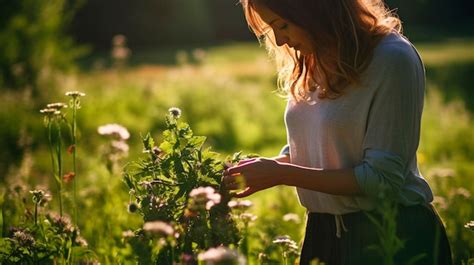 Uma Mulher Coleta Ervas Medicinais Generative Ai Nature Foto Premium