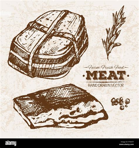 Hand Drawn Sketch Pork Ham Meat Products Set Farm Fresh Food Black