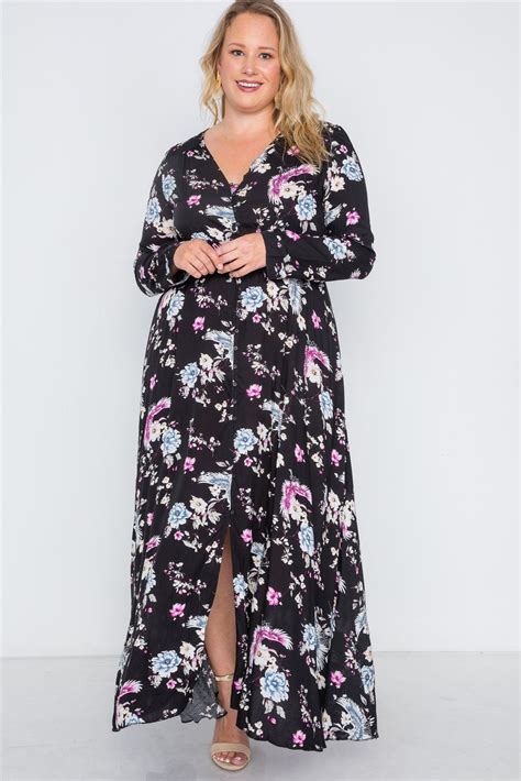 Plus Size Black Floral Print Button Down Maxi Dress Maxi Dress Plus