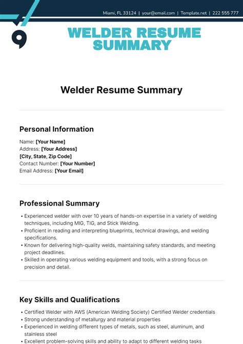 Free Welder Resume Summary Template to Edit Online