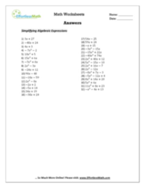 Simplifying Algebraic Expressions Worksheet