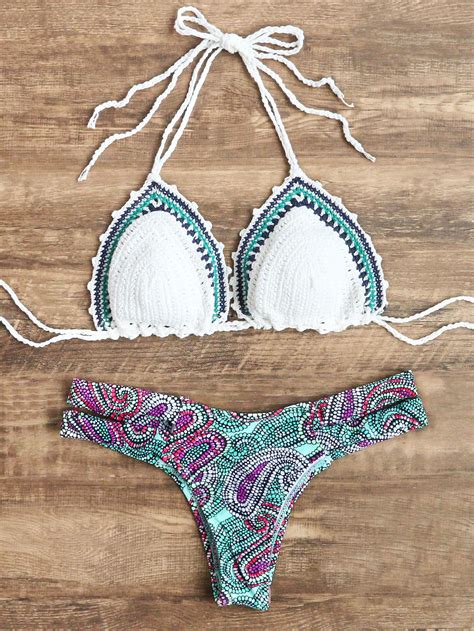 Printed Cutout Detail Crochet Bikini SetFor Women Romwe