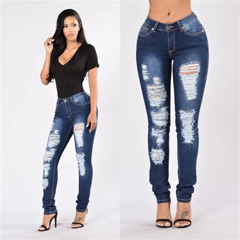 S Xl 2016 Fashion Dark Blue Ripped Hole Mid Waist Plus Size Women Denim