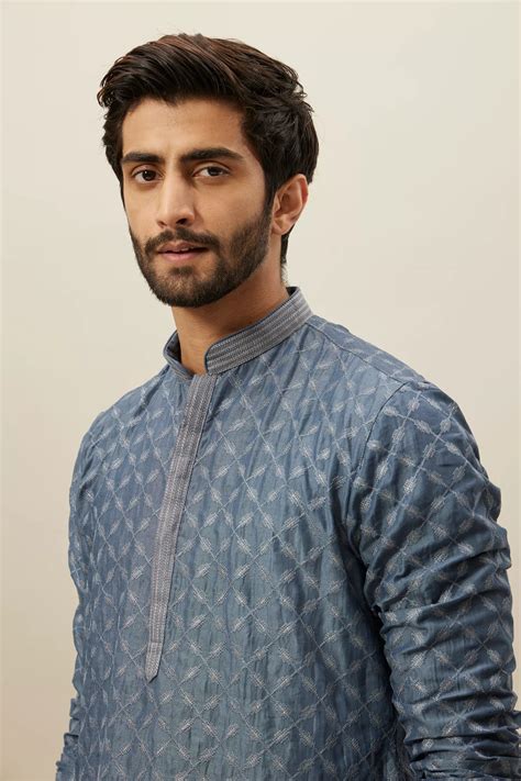 Buy Slate Blue Self Patterend Kurta Set Online in the USA @Manyavar