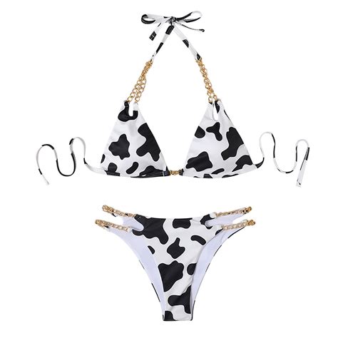 Hvot Aat Women S Cow Print Halter Metal Chain Strap Bikini Sets Split Style Sexy Swimsuit Two