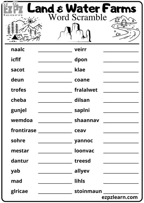 Land And Water Forms Word Scramble Vocabulary Words Free Printable