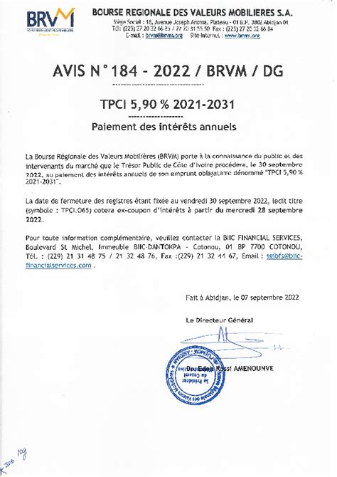 Avis N184 BRVM 2022 Paiement des intérêts annuels TPCI 5 90 2021