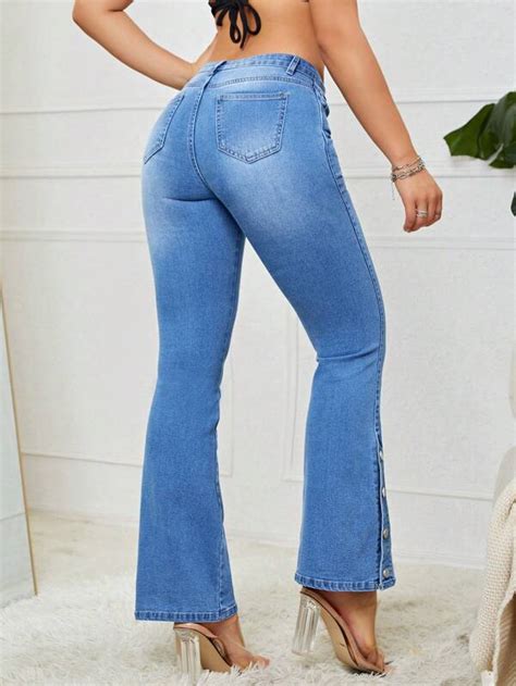 Shein Essnce Button Detail Flare Leg Jeans Shein Usa