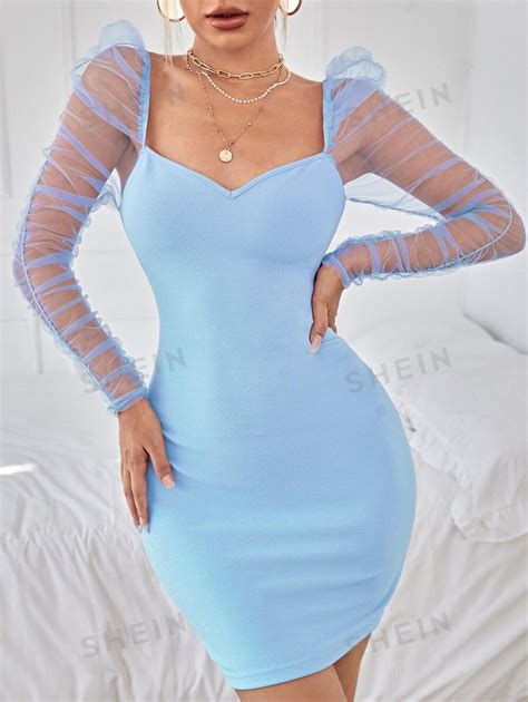 Shein Bae Ruched Sheer Mesh Gigot Sleeve Bodycon Dress Shein Uk