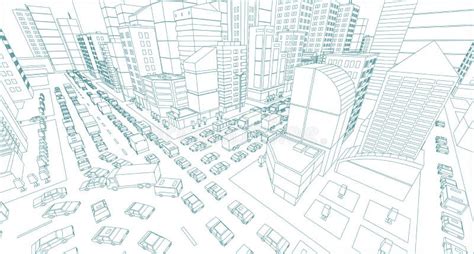 City Street Intersection Sketch Traffic Road View Cars End Buildings