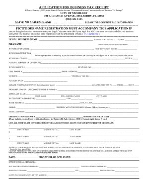 Application For Business Tax Receipt City Of Mulberry Doc Template