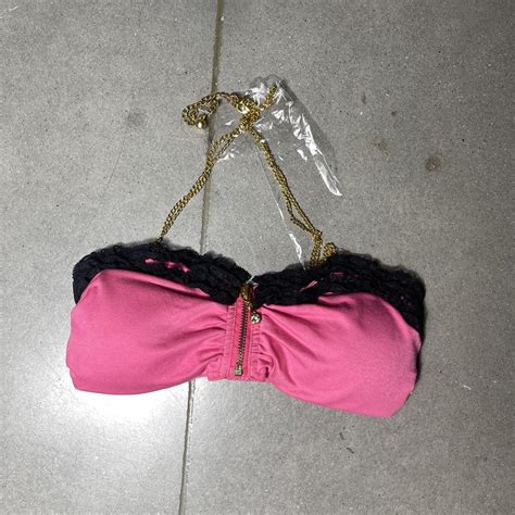 Gyaru Vintage Hot Pink Black Lace Gold Chain Front Depop