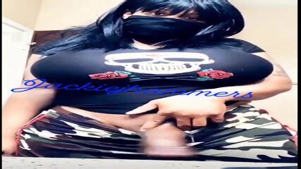 TS Jackie Hammers Big Tits Jacks Pumped Up Cock Till She Cums