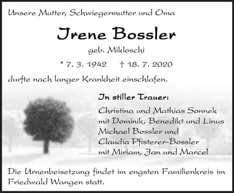 Traueranzeigen Von Irene Bossler Zeit Des Gedenkens De