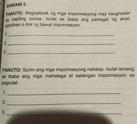 GAWAIN 3 PANUTO Magsaliksik Ng Mga Impormasyong May Kaugnayan Sa