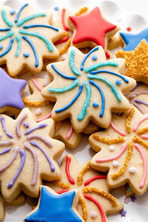 sugar cookies decorated  fireworks  stars  blue red pink