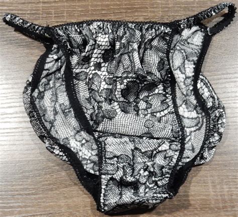 Vintage Sliky Satin String Bikini Panties Polyester Lace Print Sz Xl