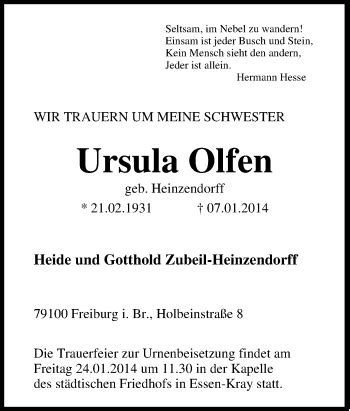 Traueranzeigen Von Ursula Olfen Trauer In Nrw De