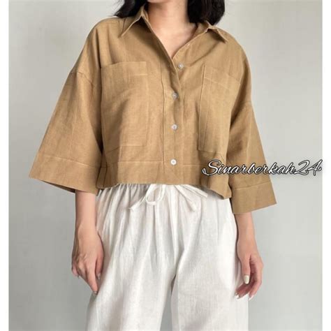 Jual Kemeja Crop Linen Pocket Kemeja Outer Crop Linen Oversized