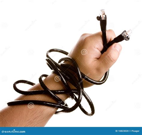 hand holdiing black network cable stock photo image  knot bind