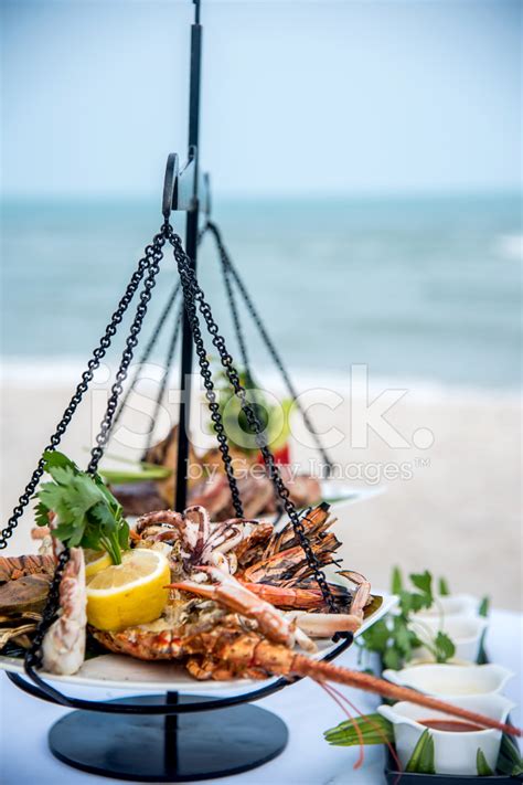 Ready To Eat Seafood On The Beach Stock Photos