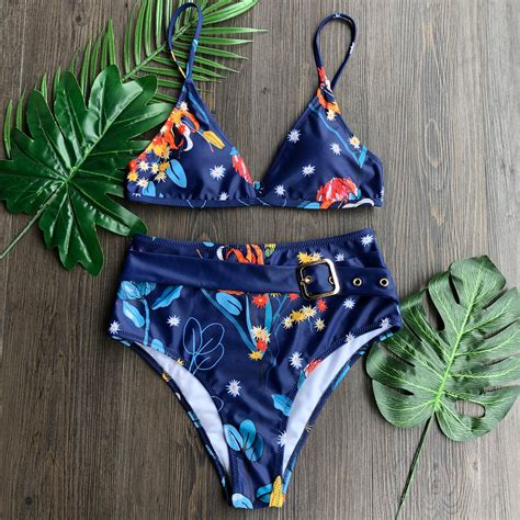 Womens Tropical Print High Waisted Bikini Set Swimsuit On Luulla
