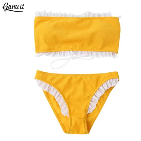 Gameit Ruffles Bandeau Bikini Strapless Frilled Lace Up Bikini Set