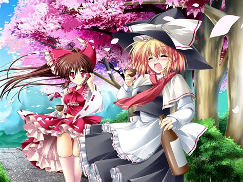Blonde Hair Brown Hair Hakurei Reimu Hat Japanese Clothes Kirisame Marisa Long Hair Miko Panties