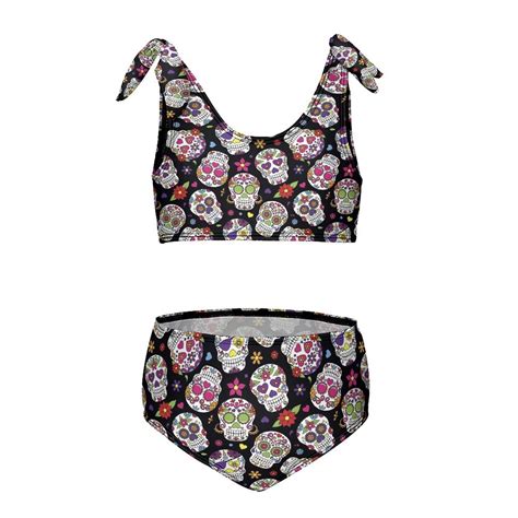 Sugar Skull Roses Designs Girl S 2 Piece Bikini Set Beach Sport Swimsuit Swimwear 10 12Y150cm