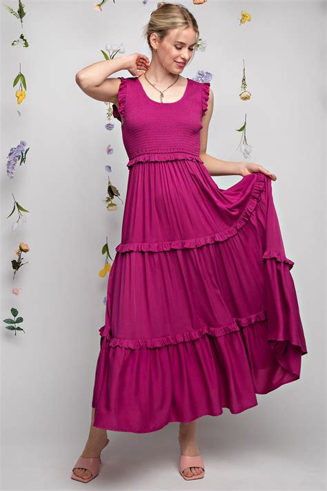 Magenta Smocked Ruffle Tier Maxi Dress Pinkblush