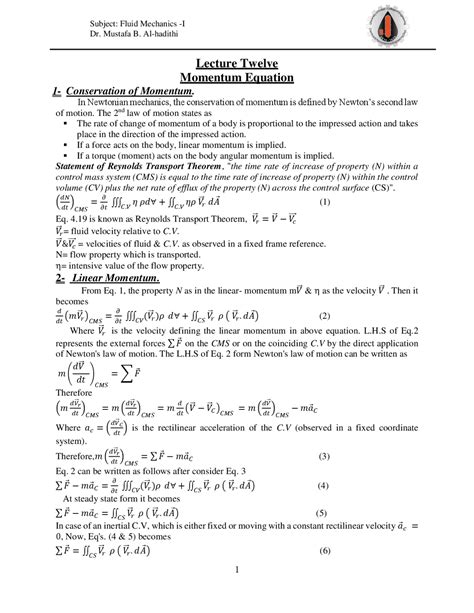 Fluid Mechanics - Momentum Equation and Conservation of Momentum | Lecture notes Mechanics | Docsity