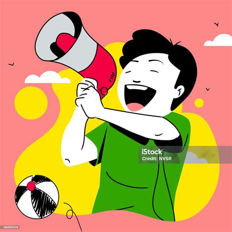 ilustracion de nino feliz anunciando en altavoz de megafono de mano