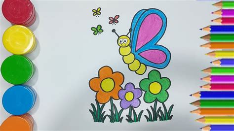 Easy Draw And Color Butterfly And Flowers Cara Mudah Menggambar Dan