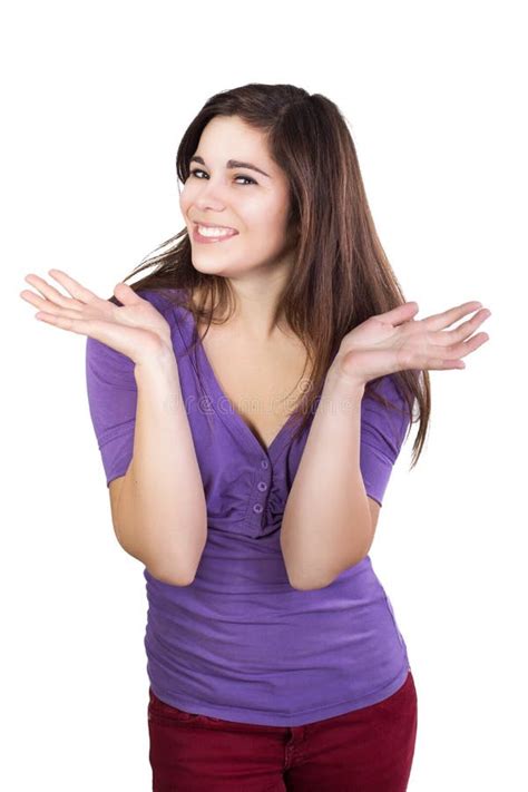 Brunette Woman Spread Her Hands Happily Stock Photo Image Of Pleased Hands 47942650