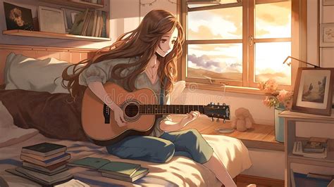 Anime Poster of Young Girl with Long Brown Hair Playing Guitar in Her ...