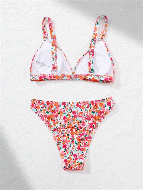 Shein Teen Girl Floral Print Halter Bikini Beach Vacation Swimwear Set