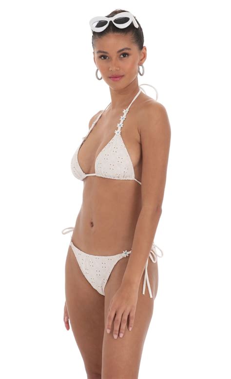 Floral Eyelet Triangle Bikini Set In White LUCY IN THE SKY