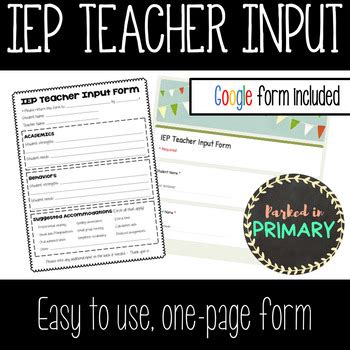 IEP Teacher Input Form Google Forms Version By Parked In Primary