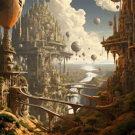 Fantasy World Magic City In The Sky Hot Air Balloons Fairytale Wonderland Enchanting