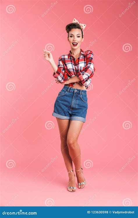 Full Length Portrait Of An Excited Beautiful Brunette Pin Up Woman Stock Photo Image Of