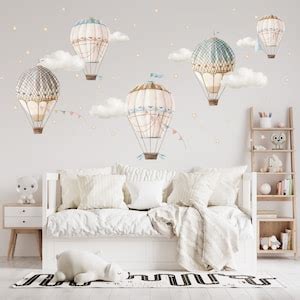 Hot Air Balloon Wall Decor Retro Air Balloon Nursery Wall Art Watercolor Sky Clouds Wall