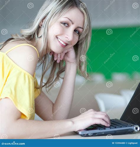 Blonde Woman Working On A Laptop Stock Photo Image Of Adult Computer 13394480