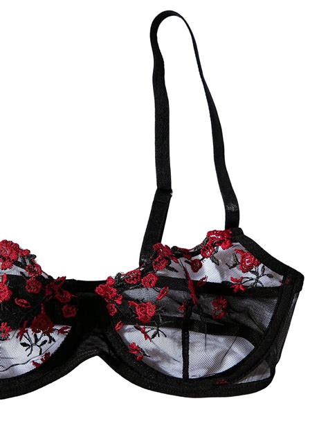 Snapklik Women Sexy Floral Embroidered Mesh Sheer Underwire Push Up Lingerie Set See