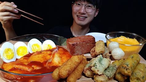 Sub 땀나는 신전떡볶이 먹방 치즈떡볶이 김말이 고추튀김 치즈볼 스팸 체다소스 찍먹 Cheese Tteokbokki