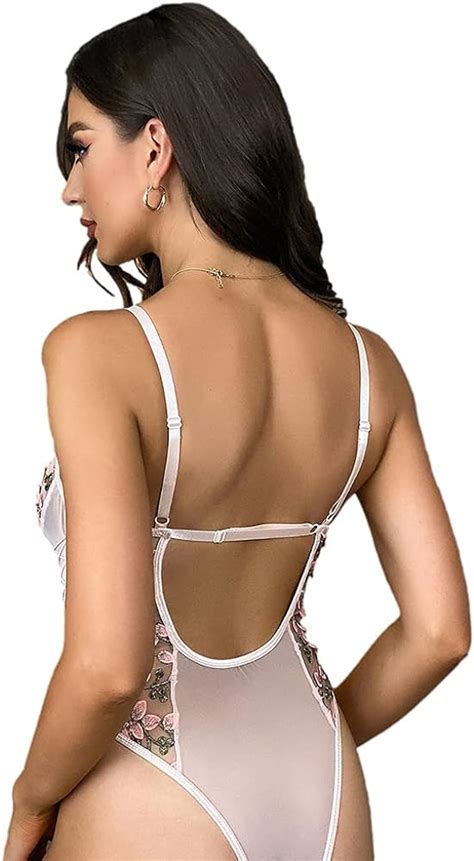 Lilosy Women Sexy Lace Up Floral Embroidered Teddy Lingerie Bodysuit Top Mesh Sheer One Piece