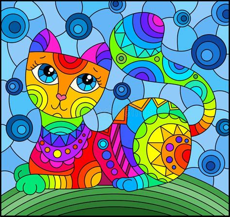 Stained Glass Illustration With Abstract Cute Rainbow Cat On A Blue Background Stock Vector